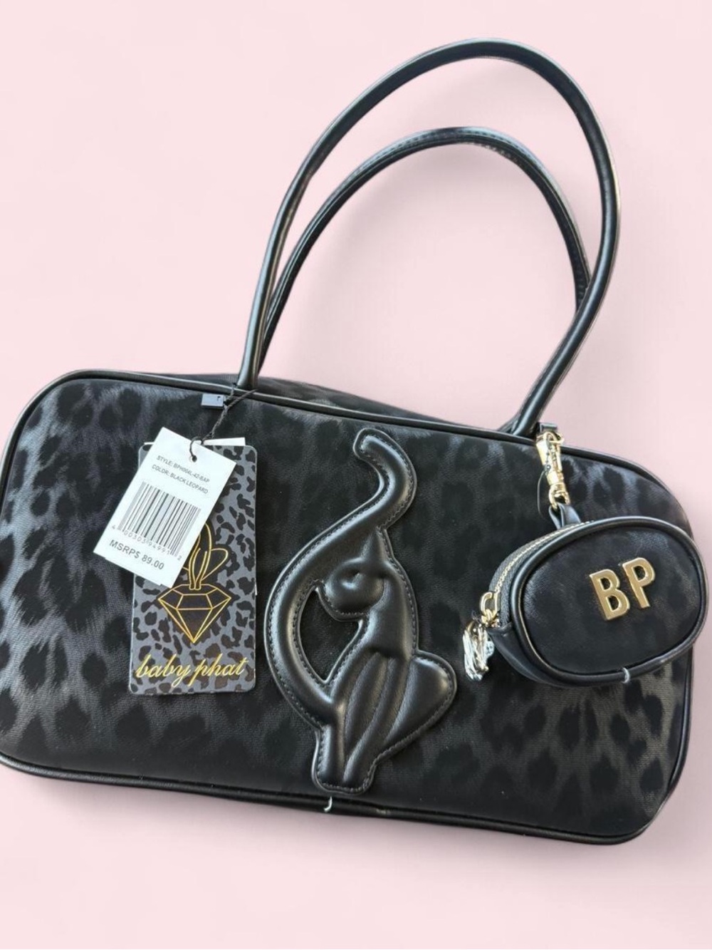 Baby Phat black leopard print purse, satchel. NEW.